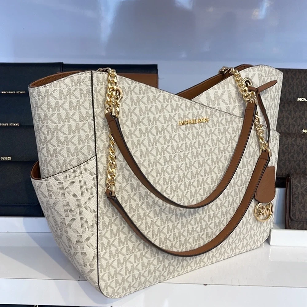 Michael Kors Jet Set Travel Large Chained Tote Shoulder Bag MK Vanilla NWT